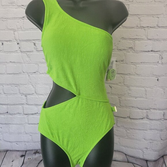 MICHAEL Michael Kors Women's One-Shoulder Side-Cutout Swimsuit- Green - Picture 1 of 11